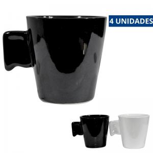 Jogo Xícaras Café Cerâmica Preto e Branco 4 Peças
