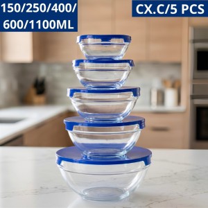 Tigela Vidro C/tampa Plastica Azul Cx.c/5 Pcas 1100/600/400/250/150ml