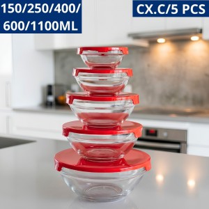 Tigela Vidro C/tampa Plastica Vermelha Cx.c/5 Pcas 1100/600/400/250/150ml