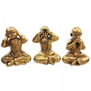 Trio Monges Sábios Resina Dourado 9Cm Decoração Paz Harmonia Zen