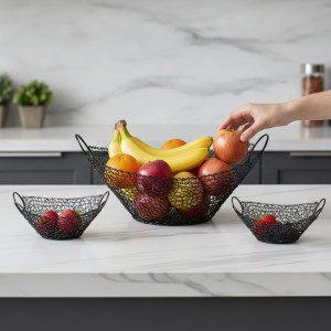 Fruteira Metal Telada Barca Preta Kit 3 Peças Decoração Cozinha Moderna