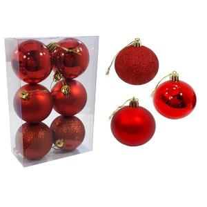 Bola Natal 70Mm Metalizada e Fosca Decorada Vermelha com 6 Bolas - Centro Oeste