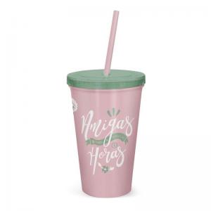 Copo Plástico Namorados Tampa Canudo 600Ml Te Amo Presente Cores