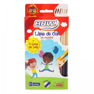 Lapis de Cor Inteiro 12 Cores + 6 Tons de Pele Sextavado - Brw