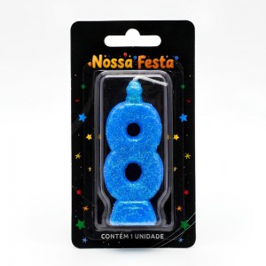 Vela Aniversário Número 8 Azul Glitter para Bolo Festa Decoração Especial