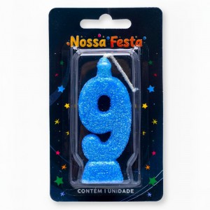 Vela Aniversário Número 9 Azul Glitter Decoração Bolo Festa Especial