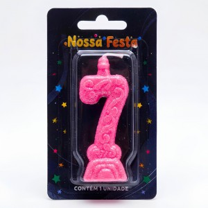 Vela Aniversário Número 7 Rosa Glitter Decorativa Festa Bolo