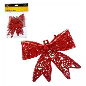 Enfeite Natal Laço Vazado com Glitter Vermelho com 3 Unidades 7Cm - Wincy Natal