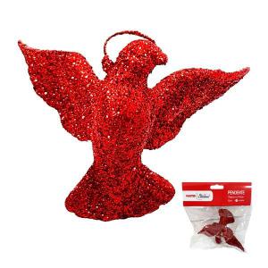 Enfeite Natal Passaro para Pendurar com Glitter Vermelho 12Cm - Master Christmas