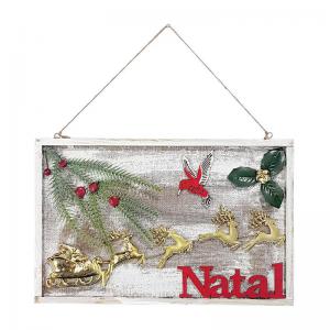 Quadro Natalino Madeira Treno Renas 36X23Cm
