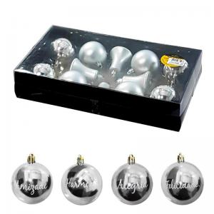 Bola Natal 60Mm com Sino Metalizado e Fosca Prata Decorado com Frases 8 Unidades - Wincy Natal