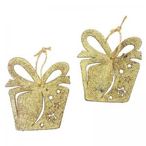 Enfeite Natal Caixa de Presente para Pendurar com Glitter Dourado 10Cm com 2 - Wincy Natal