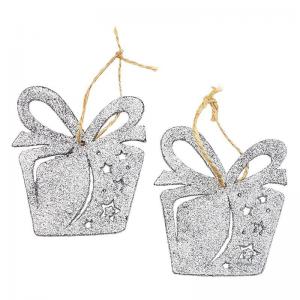 Enfeite Natal Caixa de Presente para Pendurar com Glitter Prata 10Cm com 2 - Wincy Natal