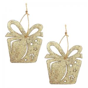 Enfeite Natal Caixa de Presente para Pendurar com Glitter Champagne 10Cm com 2 - Wincy Natal