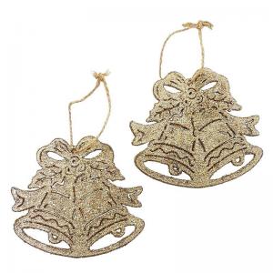 Enfeite Natal Sino para Pendurar com Glitter Champagne 10Cm com 2 - Wincy Natal