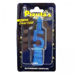 Vela Aniversário Combat com Glitter Azul Numero 5 - Pirulas