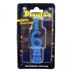 Vela Aniversário Combat com Glitter Azul Numero 6 - Pirulas