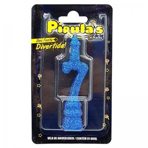 Vela Aniversário Combat com Glitter Azul Numero 7 - Pirulas
