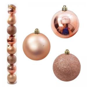 Bola Natal 80Mm Metalizada Fosca e com Glitter Rose Gold Tubo com 8 Unidades - Cromus