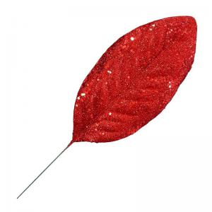 Enfeite Natal Folha de Magnólia com Glitter Vermelho - Grillo