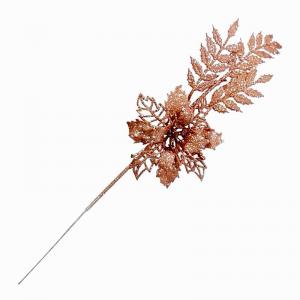 Haste Flor Natal e Folhagem com Glitter Rose Gold 28Cm - Fartex