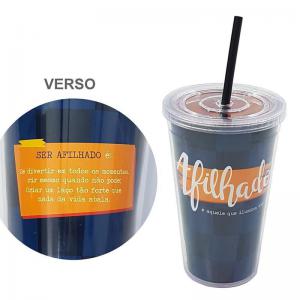 Copo Plástico com Canudo e Frase "Afilhado" Paris 500Ml - Lumni