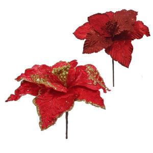 Haste Flor Natal Bico de Papagaio com Glitter Vermelho/Dourado 25Cm - Centro Oeste