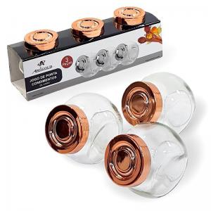 Porta Condimento Vidro Tampa Rose Gold 3 Peças