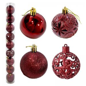 Bola Natal 60Mm Vinho Metalizada Textura Folhas e Flores  com 9 Bolas - Rio Master