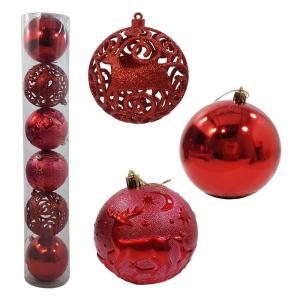 Bola Natal 100Mm Metalizada Textura Rena com Arvores Vermelha com 6 Bolas - Rio Master