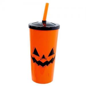 Copo de Plástico com Canudo Hallooween Laranja Grande 600Ml - Injetemp