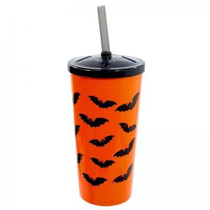 Copo de Plástico com Canudo Hallooween Morcego Laranja Grande 600Ml - Injetemp