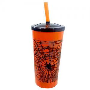 Copo de Plástico com Canudo Halloween Aranha Grande 600Ml - Injetemp