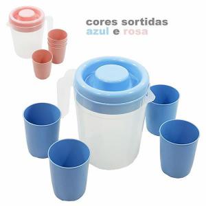 Jarra Plástica com Tampa Colorida 1800Ml e 4 Copos de 200Ml- Sbrissa