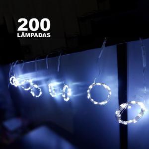 Pisca Natal Cortina Led Fio Fada Branco 200 Lampadas com Controle e Cabo Usb 127V/3Mt -  C.o