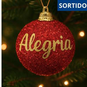 Bola de Natal Decorada Vermelha 80Mm Frase Alegria