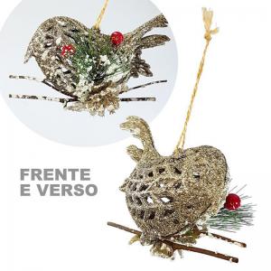 Enfeite Natal Passaro com Glitter Champagne Nevado 15Cm - Multiart