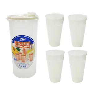 Jarra Plástica Transparente com Tampa Branco Perolado1,4Lt e 4 Copos 450Ml - Kozi
