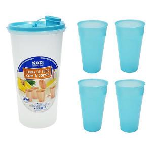 Jarra Plástica Transparente com Tampa Azul Perolado1,4Lt e 4 Copos 450Ml - Kozi