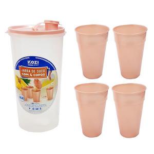 Jarra Plástica Transparente com Tampa Rosa Perolado 1,4Lt e 4 Copos 450Ml - Kozi