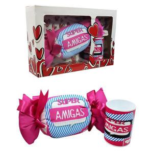 Kit Presente Amiga Almofada Bala Caneca Rosa