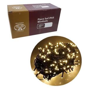 Pisca Natal Led Branco Quente 100 Lâmpadas Fixas Fio Verde Blindado 127V 10M