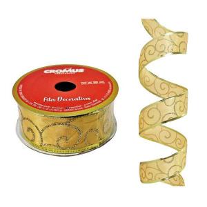 Fita Decorativa Aramada Poliester Arabesco Ouro 9,14Mx6, 3Cm