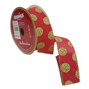 Fita Decorativa Aramada Vermelho Poa com Glitter 3,8Cmx914Cm