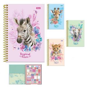 Caderno 12 Matéria com 192 Folhas Capa Dura Bolsa e Adesivo Tropical Fever