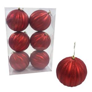 Bola Natal 120Mm Decorada com Glitter Vermelho Caixa com 6 - Bela Flor