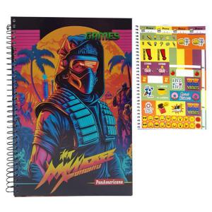 Caderno Capa Dura Espiral Super Games 192 Folhas com Bolsa e Adesivo