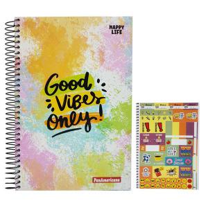 Caderno Espiral 15 Matérias Capa Dura Happy Life com Bolsa e Adesivos