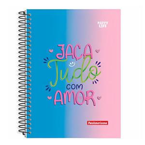 Caderno Espiral 12 Materias 192 Folhas Happy Life Capa Dura com Bolsa