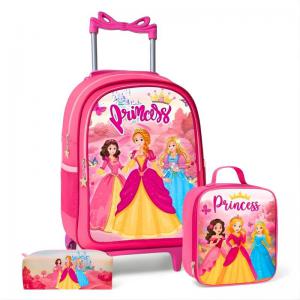 Mochila Infantil Princesas com Rodinhas, Lancheira e Estojo Escolar Grande